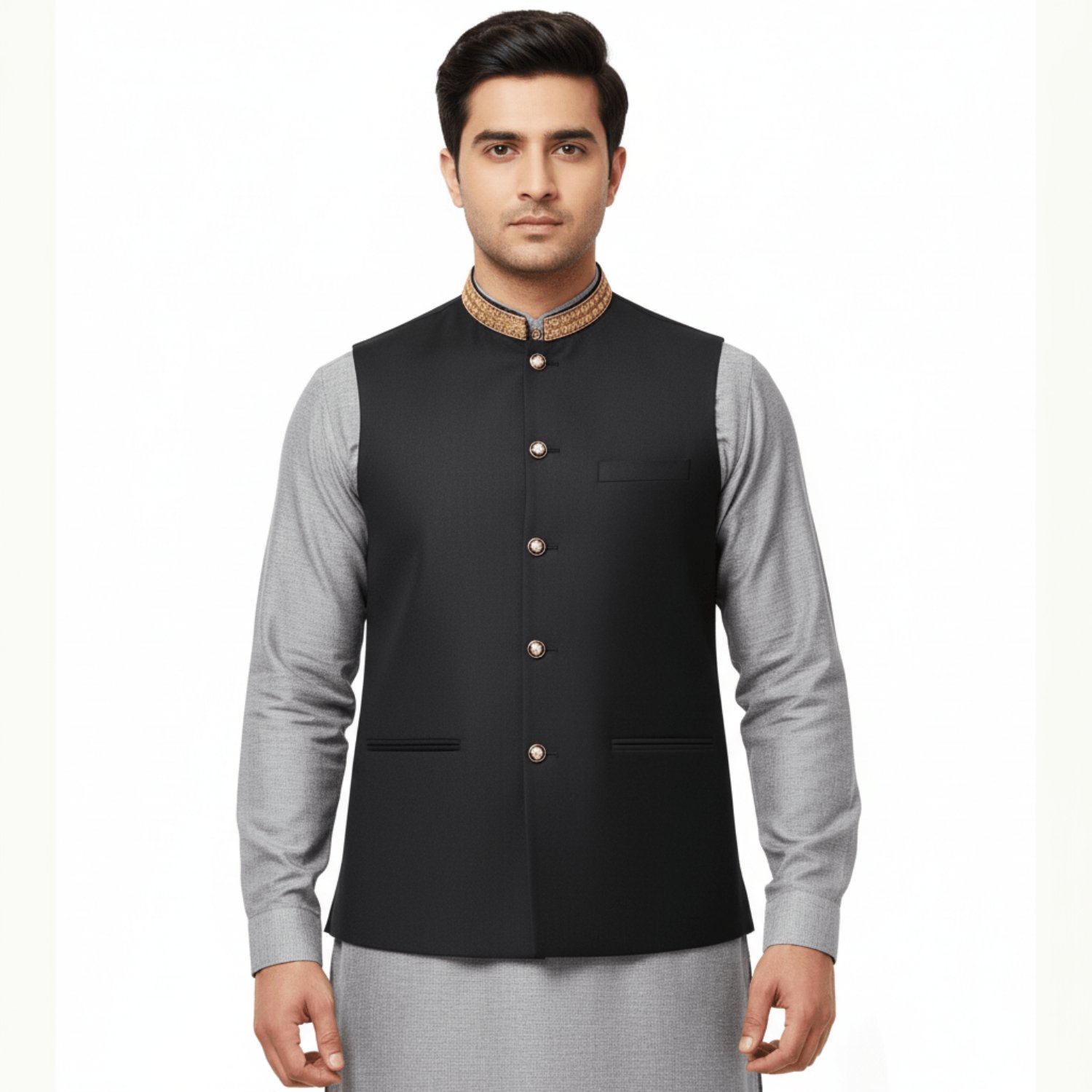 Men’s Black Waist Coat with Gold Collar Design – Traditional Pakistani Style in Riyadh, Saudi Arabia
