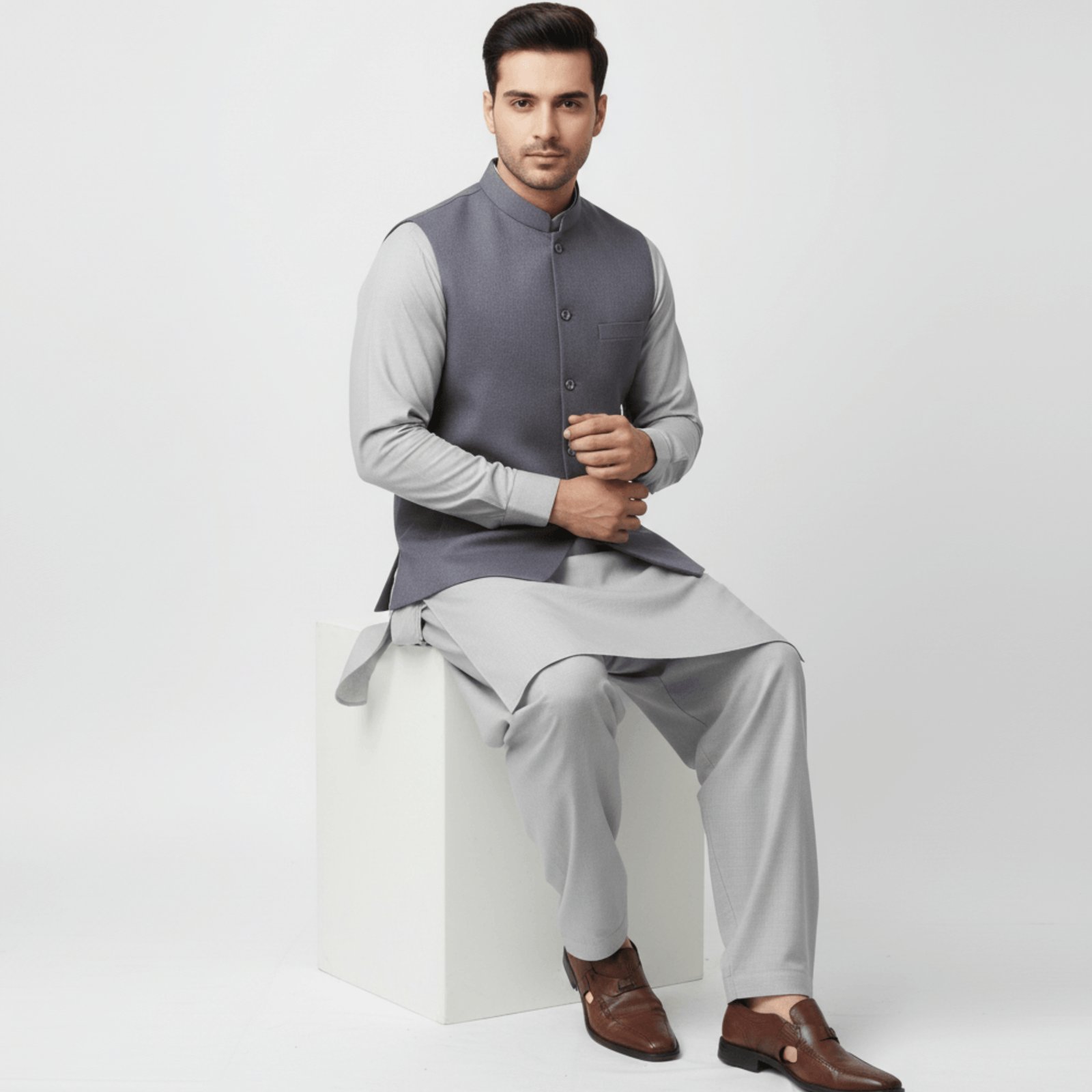 Men’s Gray Waistcoat with Cross Pockets | Traditional Pakistani Formal Wear – KurtaLo