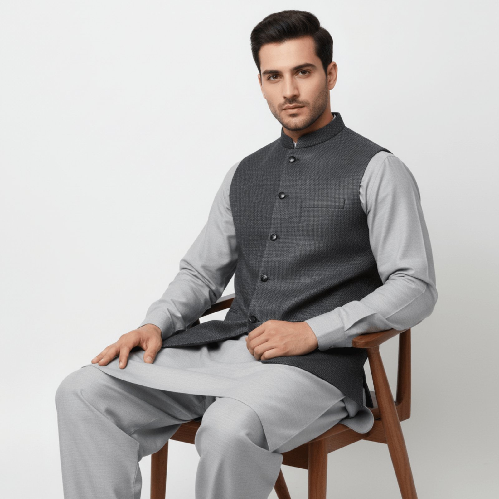 Men’s Black Waistcoat with Pattern & Black Buttons | Pakistani Formal Wear – KurtaLo