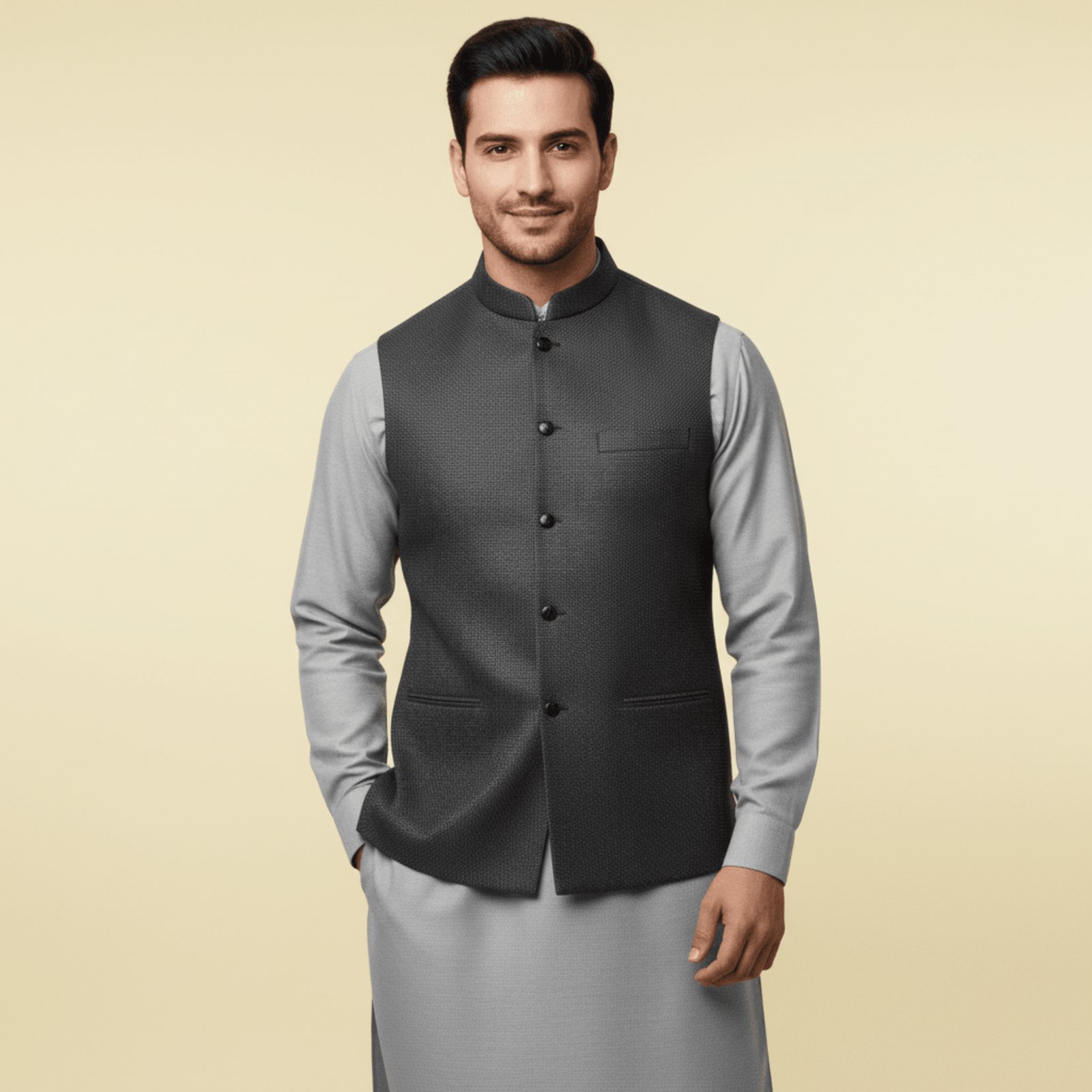 Men’s Black Waistcoat with Pattern & Black Buttons | Pakistani Formal Wear – KurtaLo