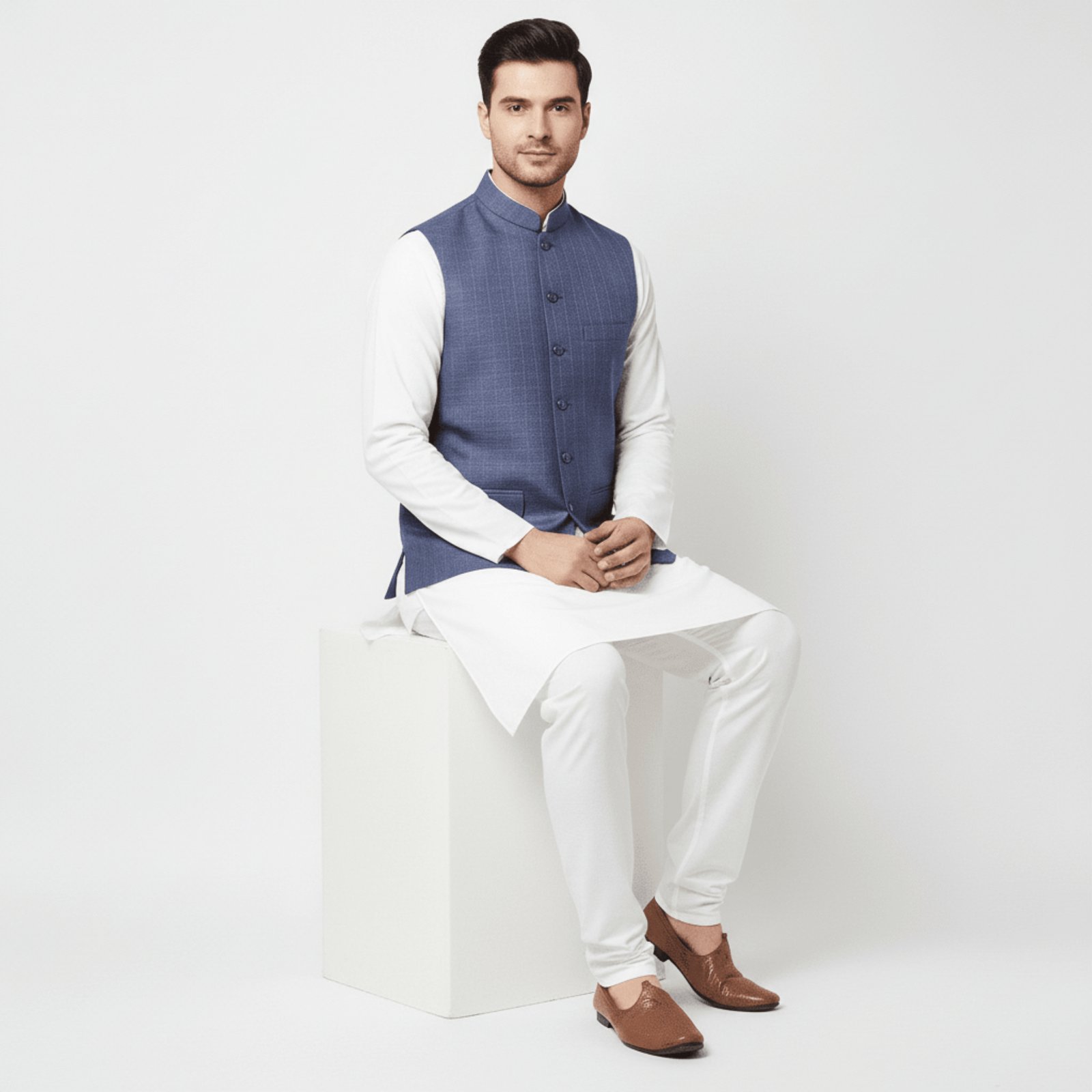 Men’s Blue Waistcoat with White Pattern | Stylish Pakistani Formal Wear – KurtaLo