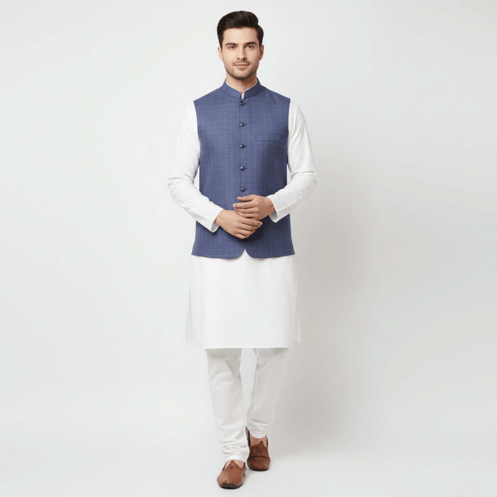 Men’s Blue Waistcoat with White Pattern | Stylish Pakistani Formal Wear – KurtaLo