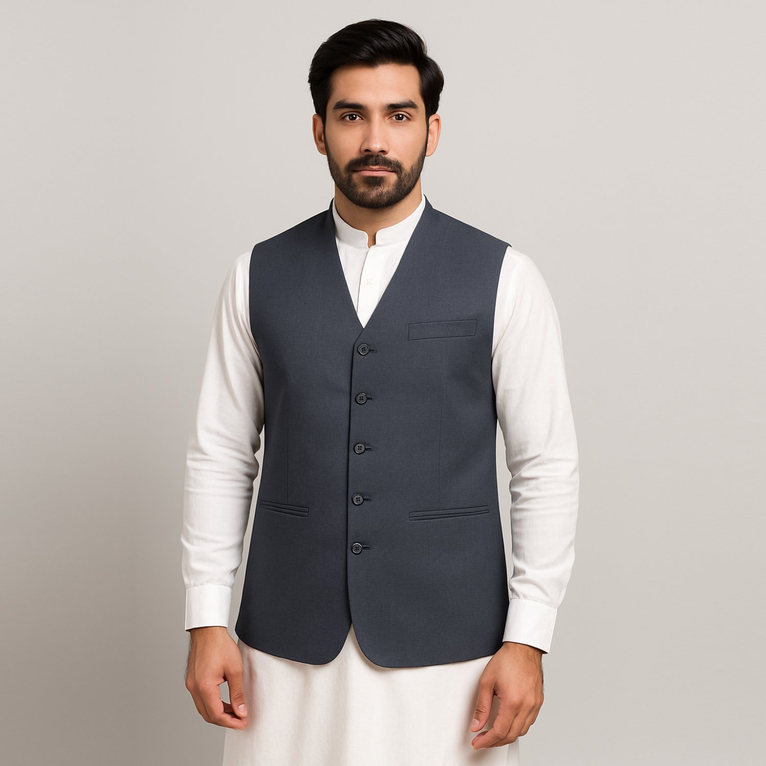 Men’s Gray Waistcoat with Long Neck | Modern Pakistani Formal Wear – KurtaLo