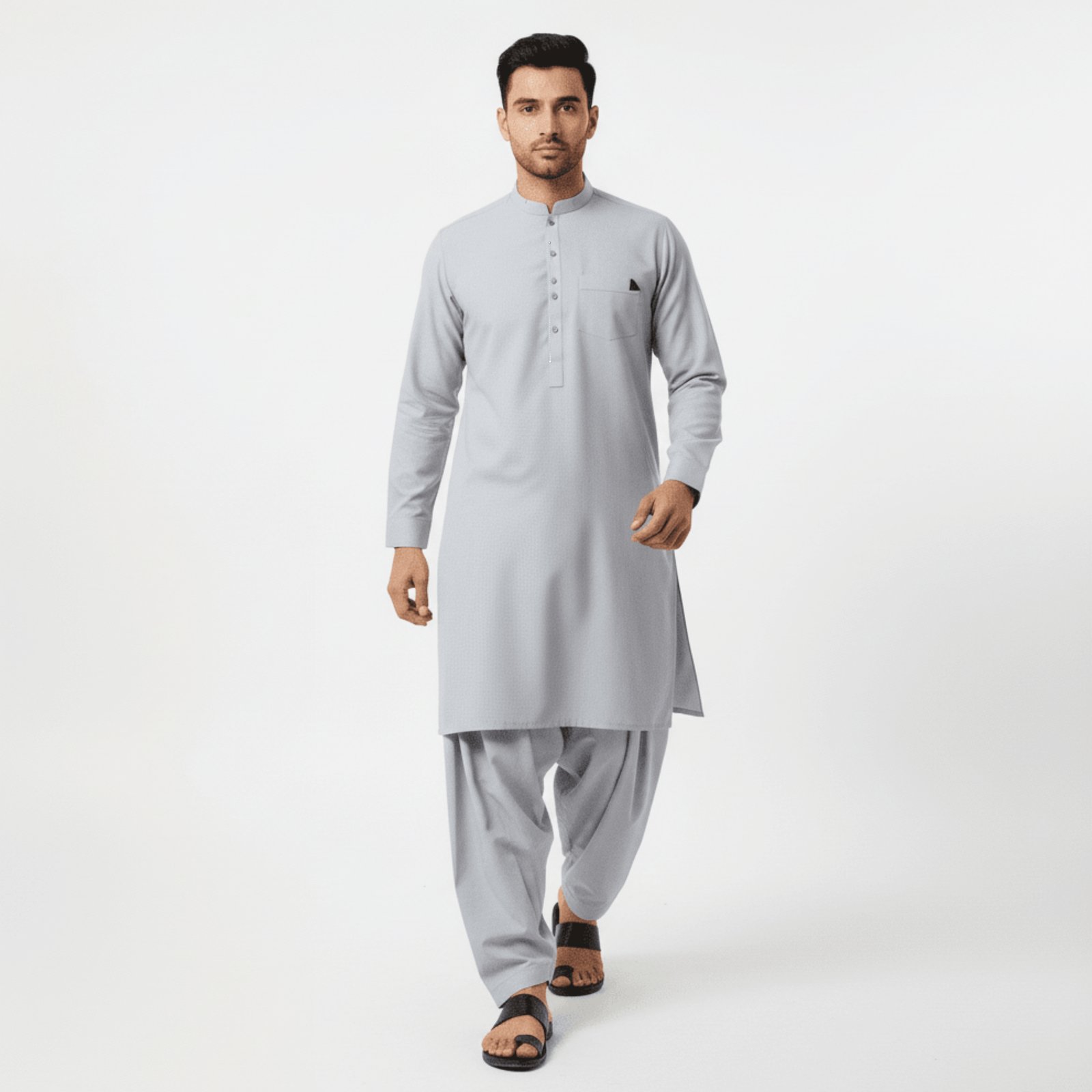 Men's Light Blue-Grey Dotted Band Collar Kurta