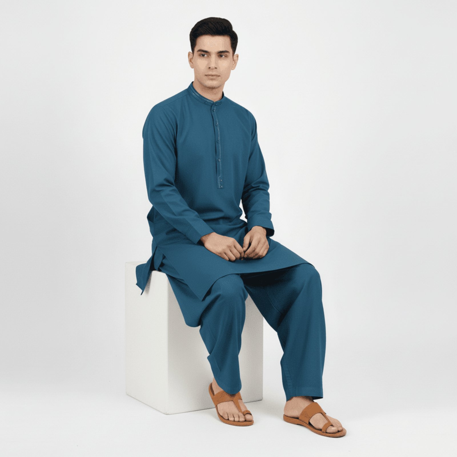 Men's Olive Green Band Collar Kurta with Contrast Trim