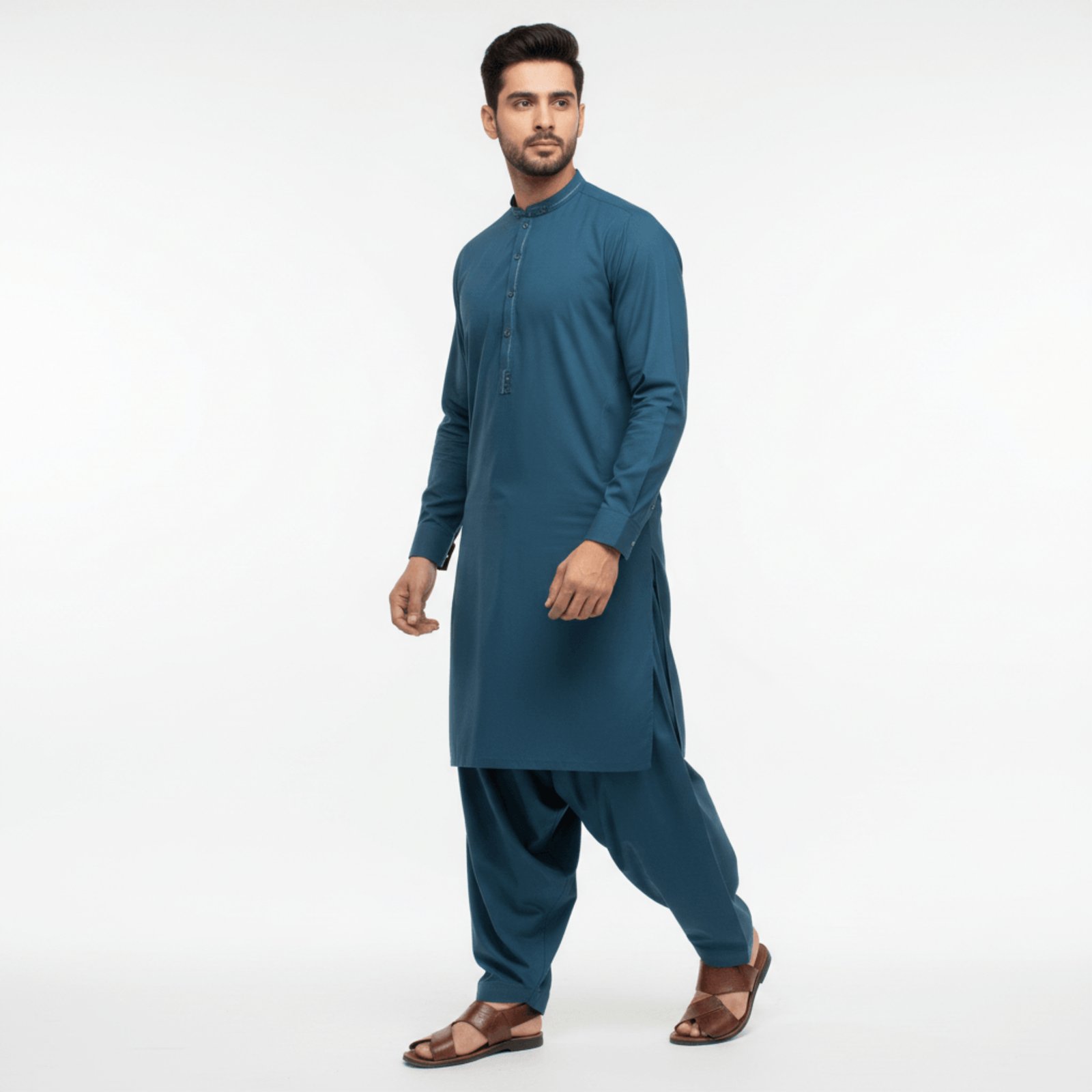 Men's Olive Green Band Collar Kurta with Contrast Trim