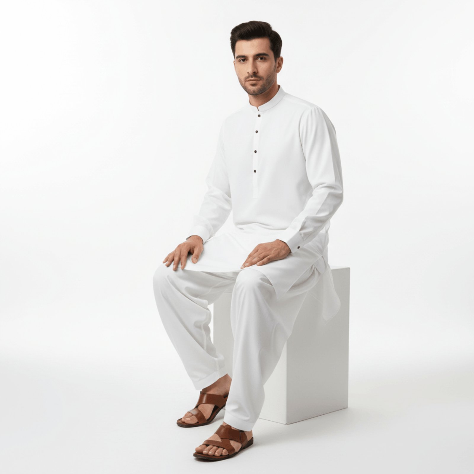 Men's Classic White Kurta with Contrast Buttons