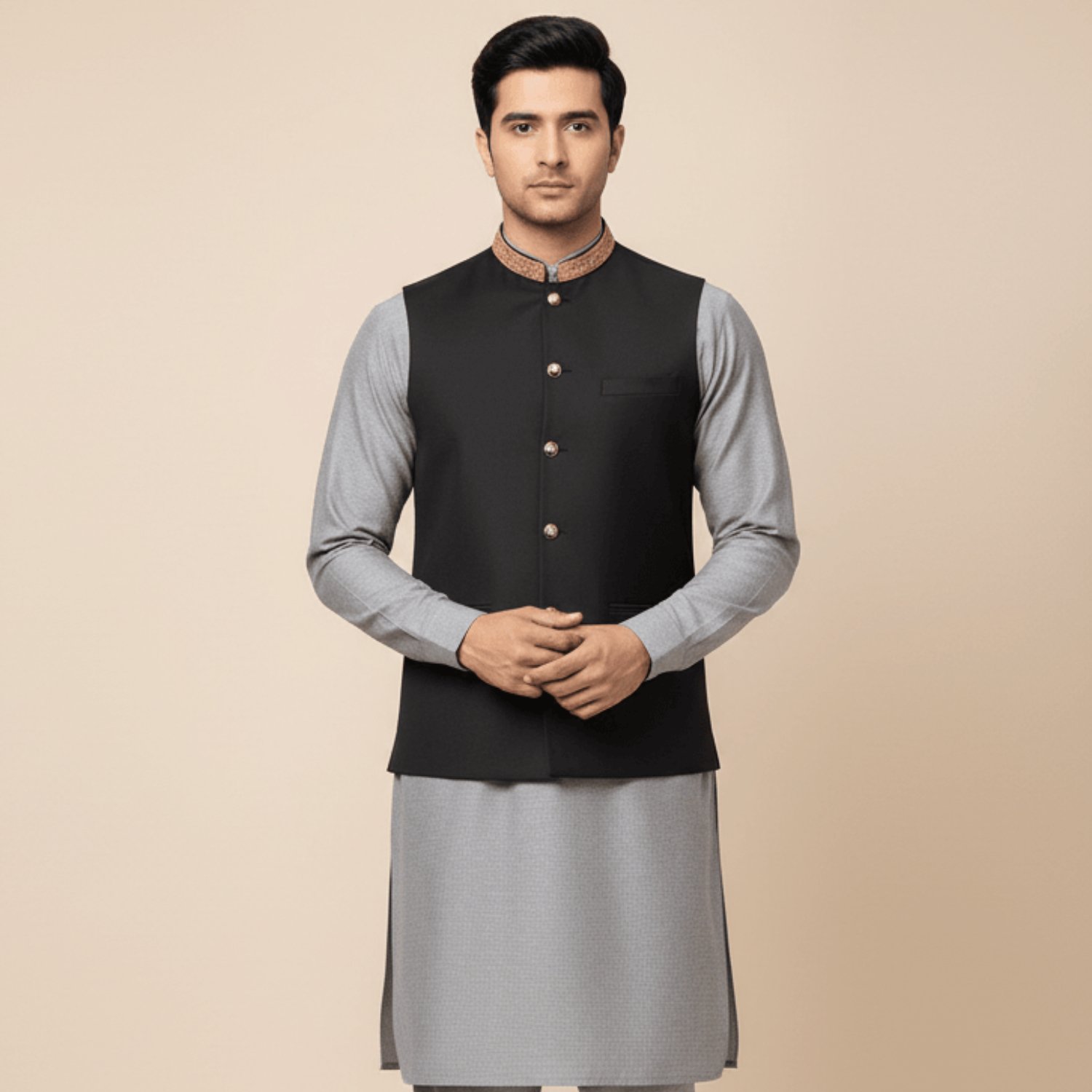 Men’s Black Waist Coat with Gold Collar Design – Traditional Pakistani Style in Riyadh, Saudi Arabia