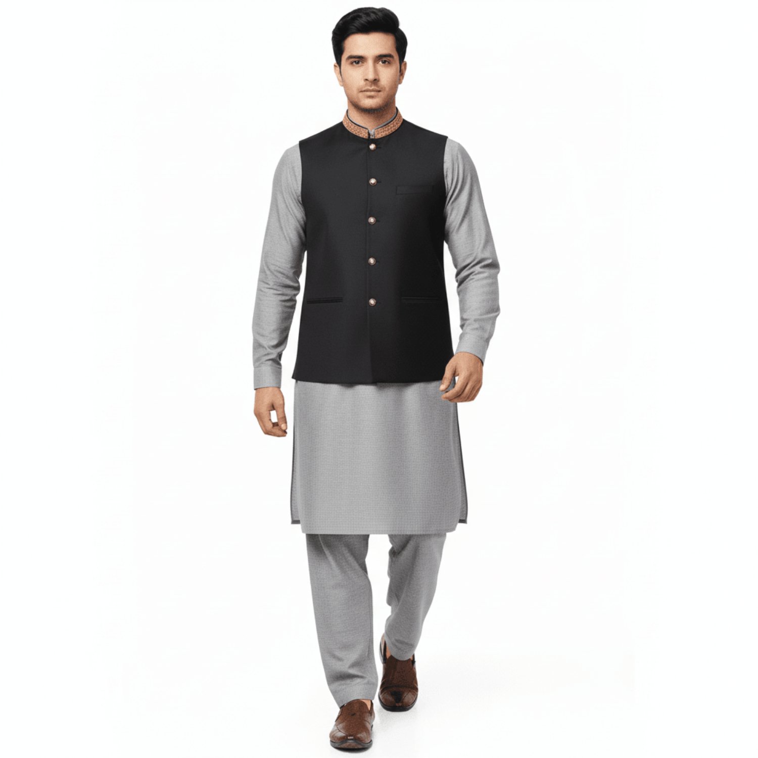 Men’s Black Waist Coat with Gold Collar Design – Traditional Pakistani Style in Riyadh, Saudi Arabia