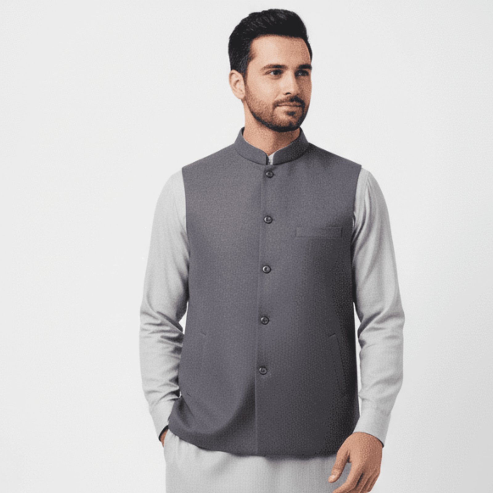 Men’s Gray Waistcoat with Cross Pockets | Traditional Pakistani Formal Wear – KurtaLo
