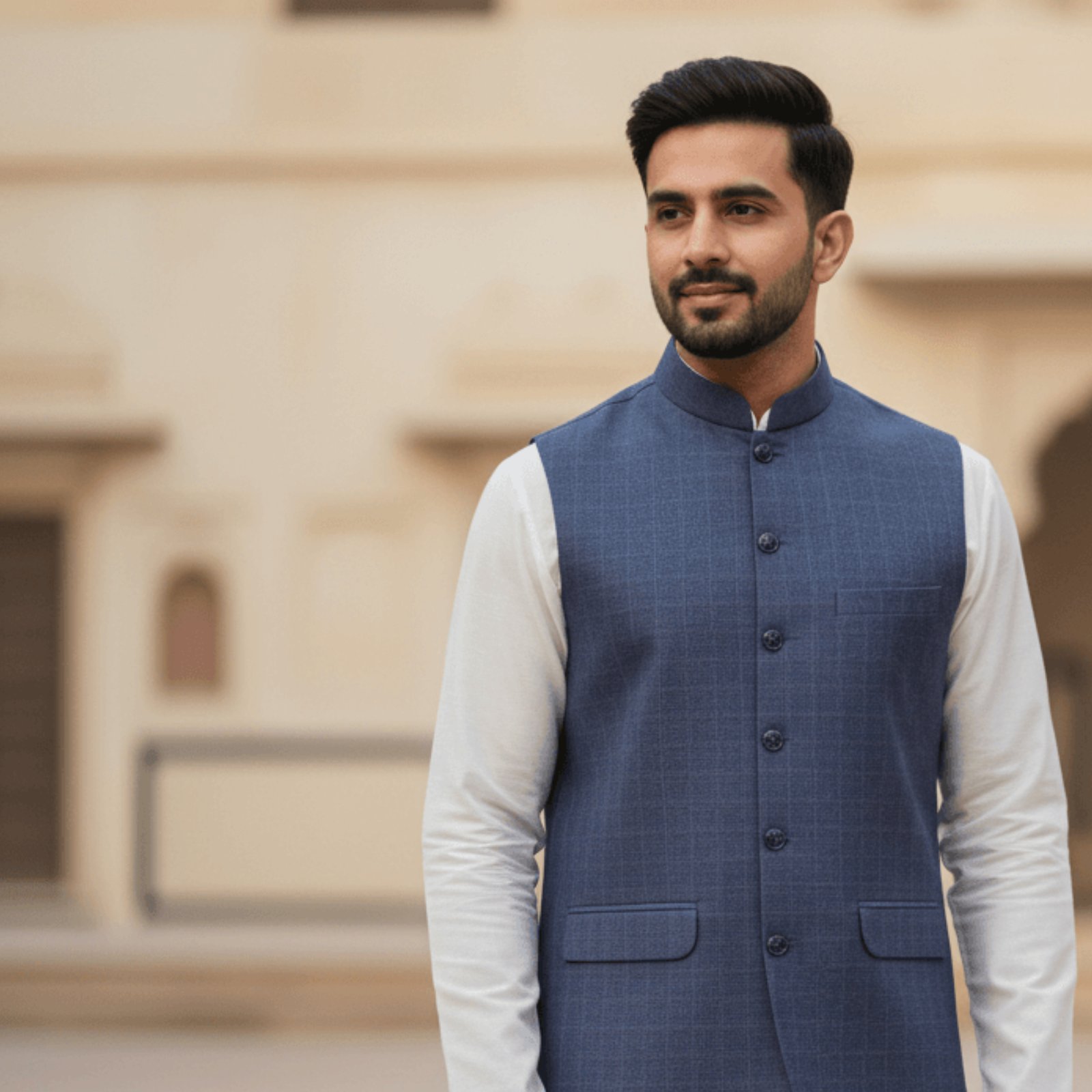 Men’s Blue Waistcoat with White Pattern | Stylish Pakistani Formal Wear – KurtaLo