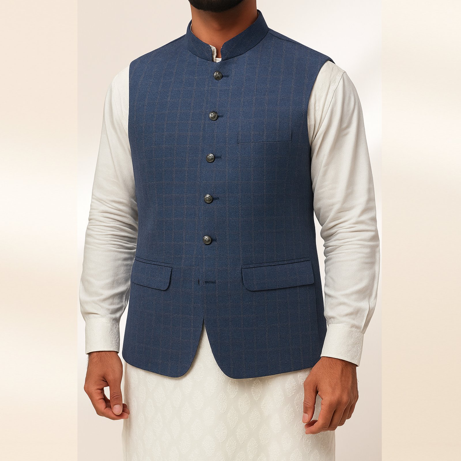 Men’s Blue Waistcoat with White Pattern | Stylish Pakistani Formal Wear – KurtaLo