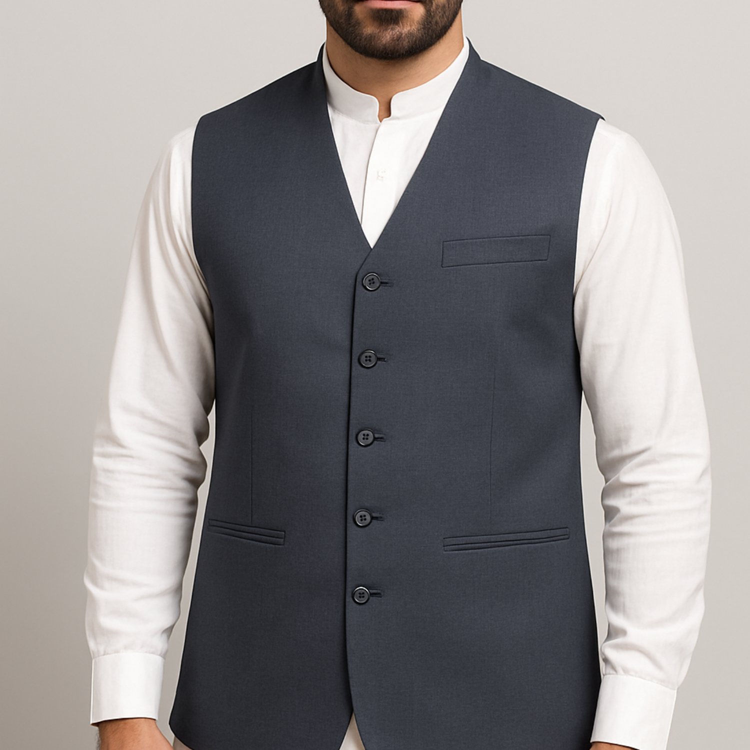 Men’s Gray Waistcoat with Long Neck | Modern Pakistani Formal Wear – KurtaLo