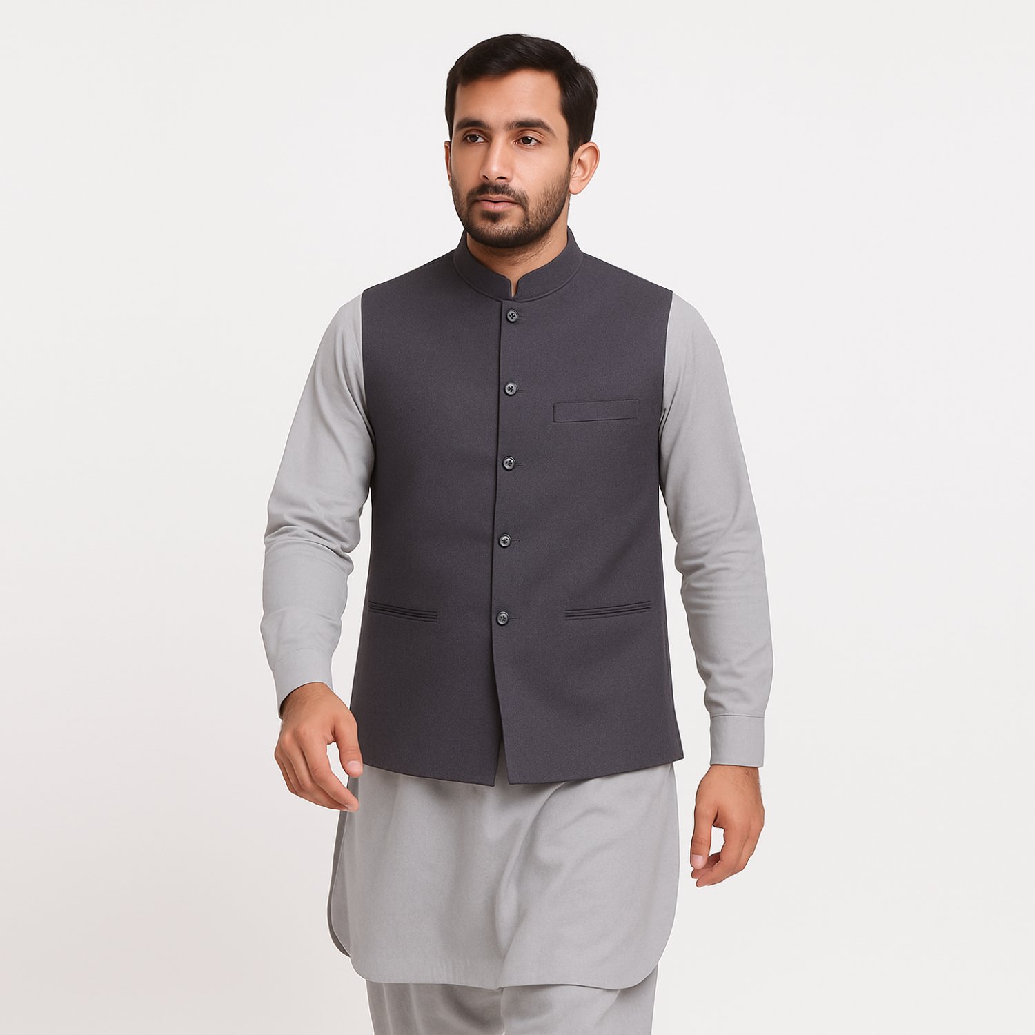 Men's Charcoal Grey Band Collar Waistcoat