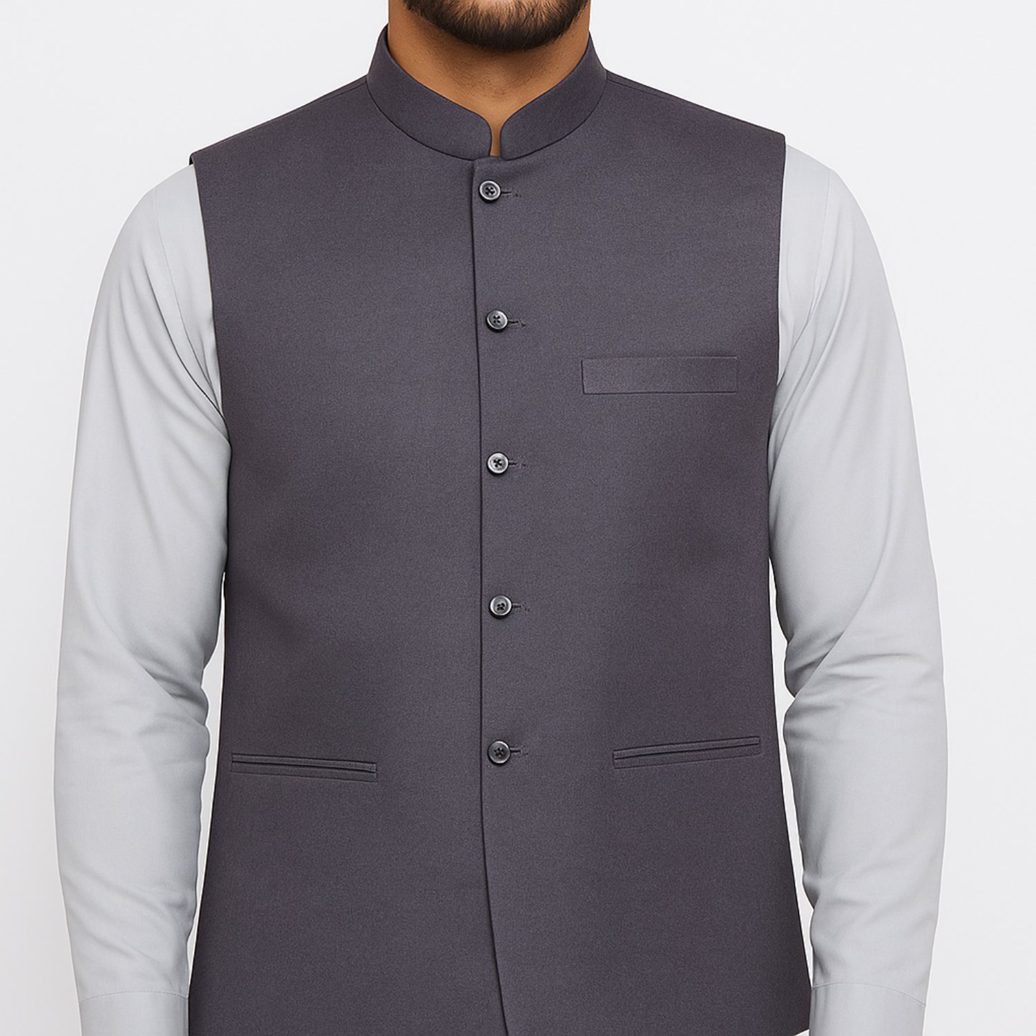 Men's Charcoal Grey Band Collar Waistcoat