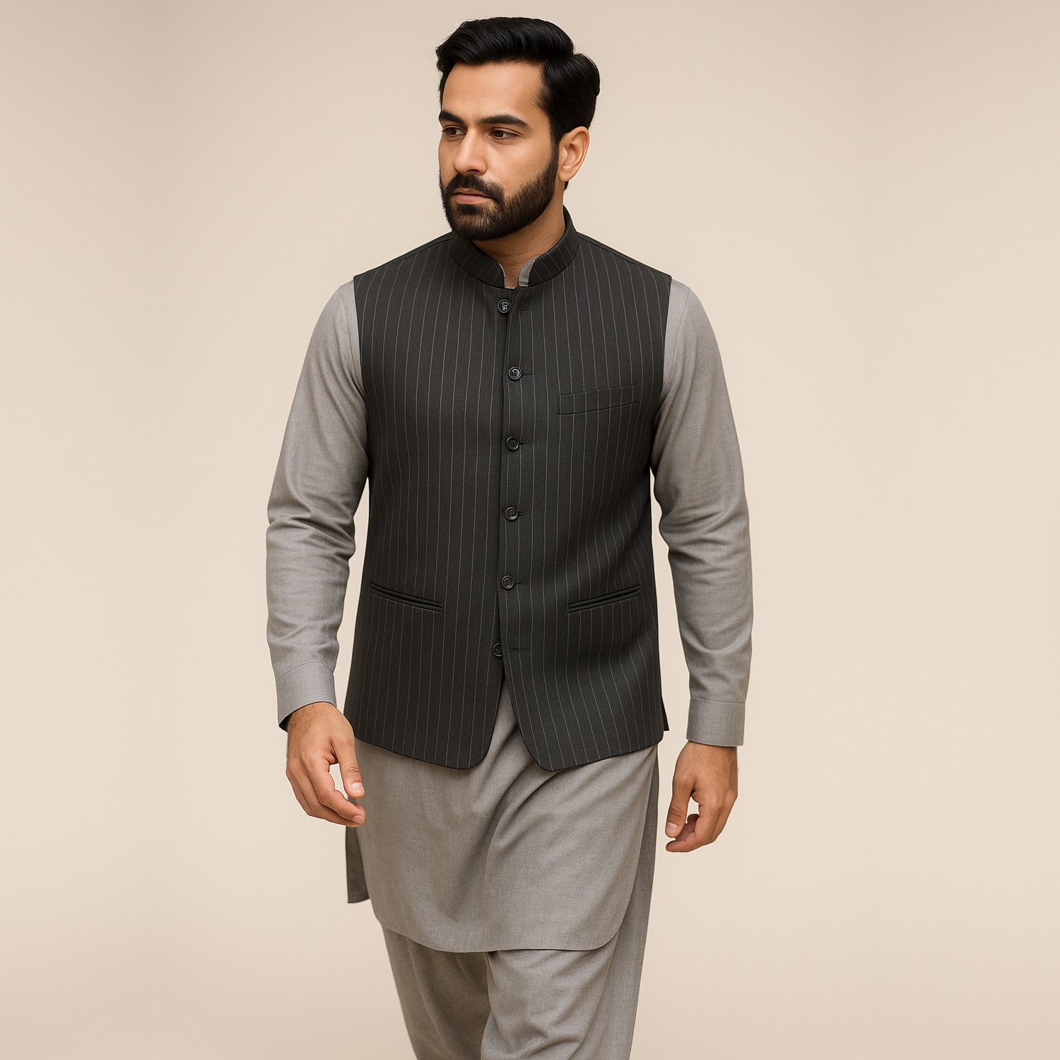 Men's Charcoal Pinstripe Band Collar Waistcoat