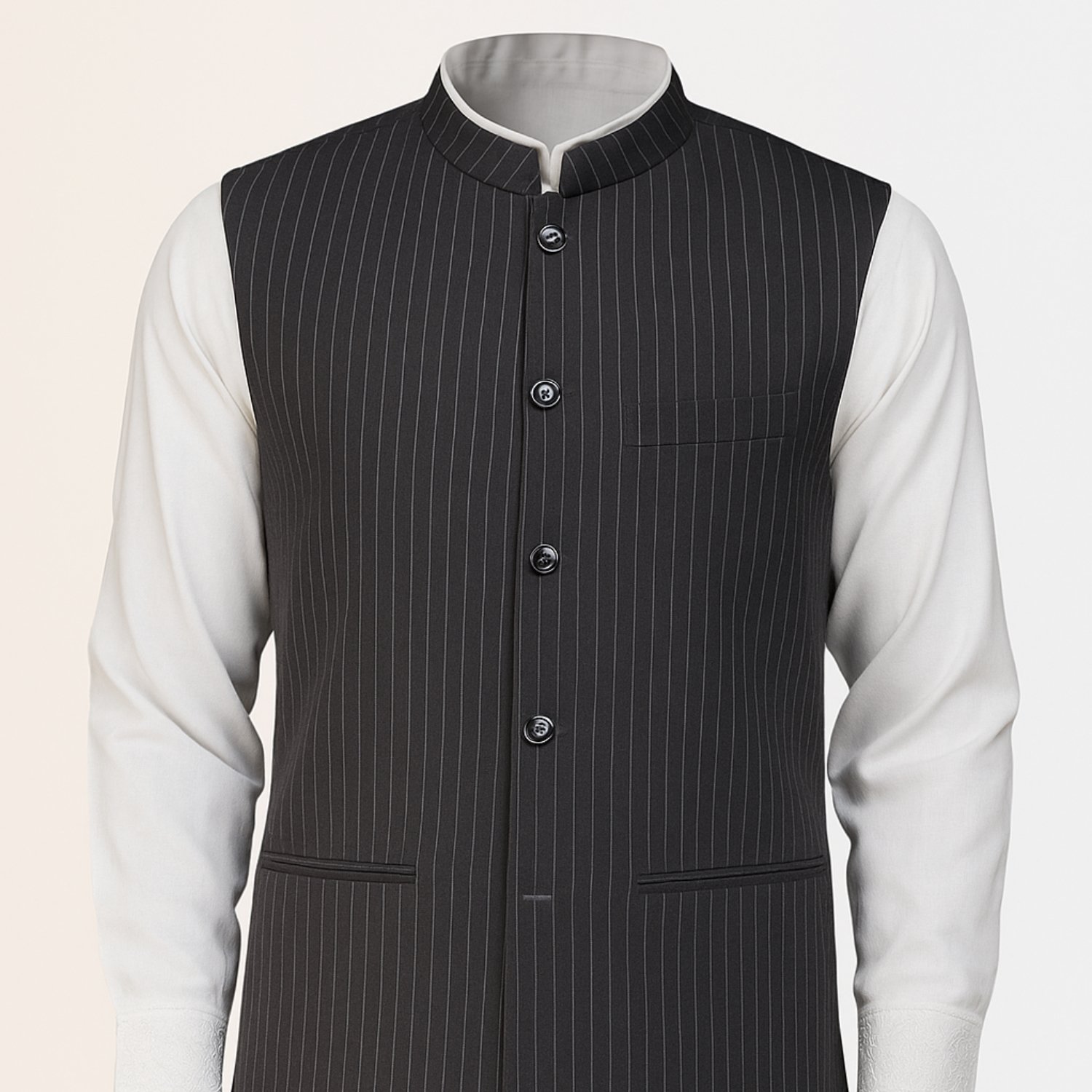 Men's Charcoal Pinstripe Band Collar Waistcoat