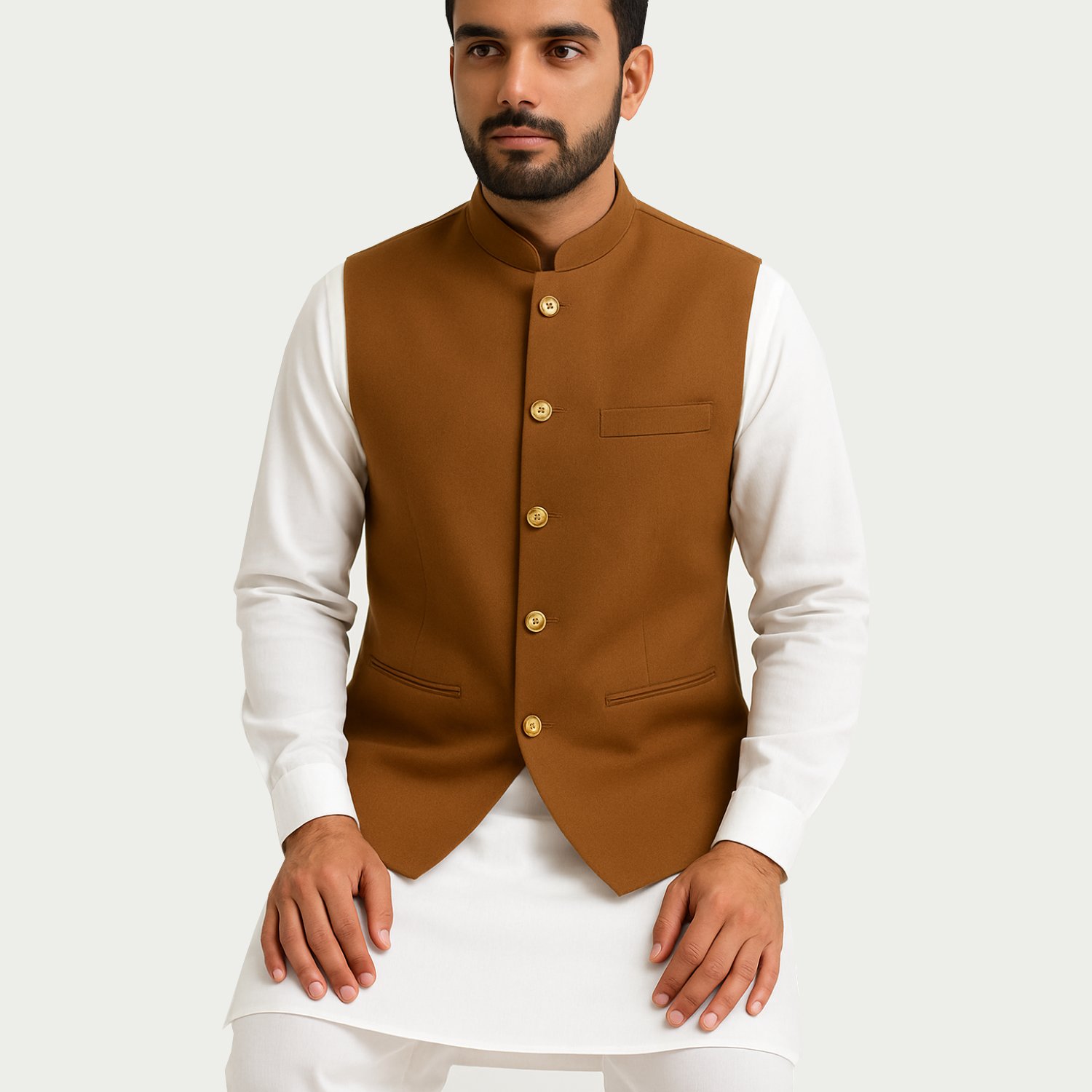 Men's Brown Band Collar Waistcoat