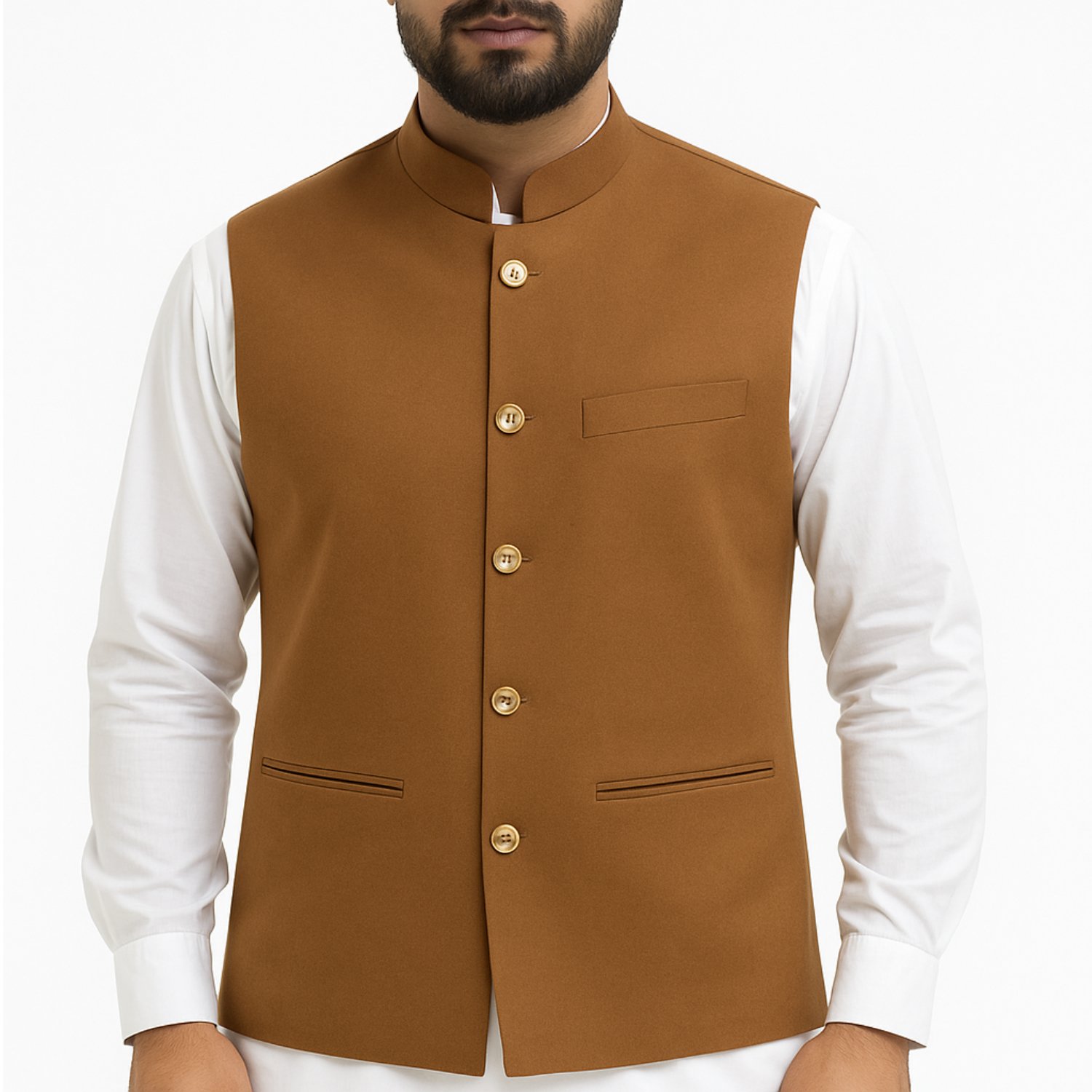 Men's Brown Band Collar Waistcoat