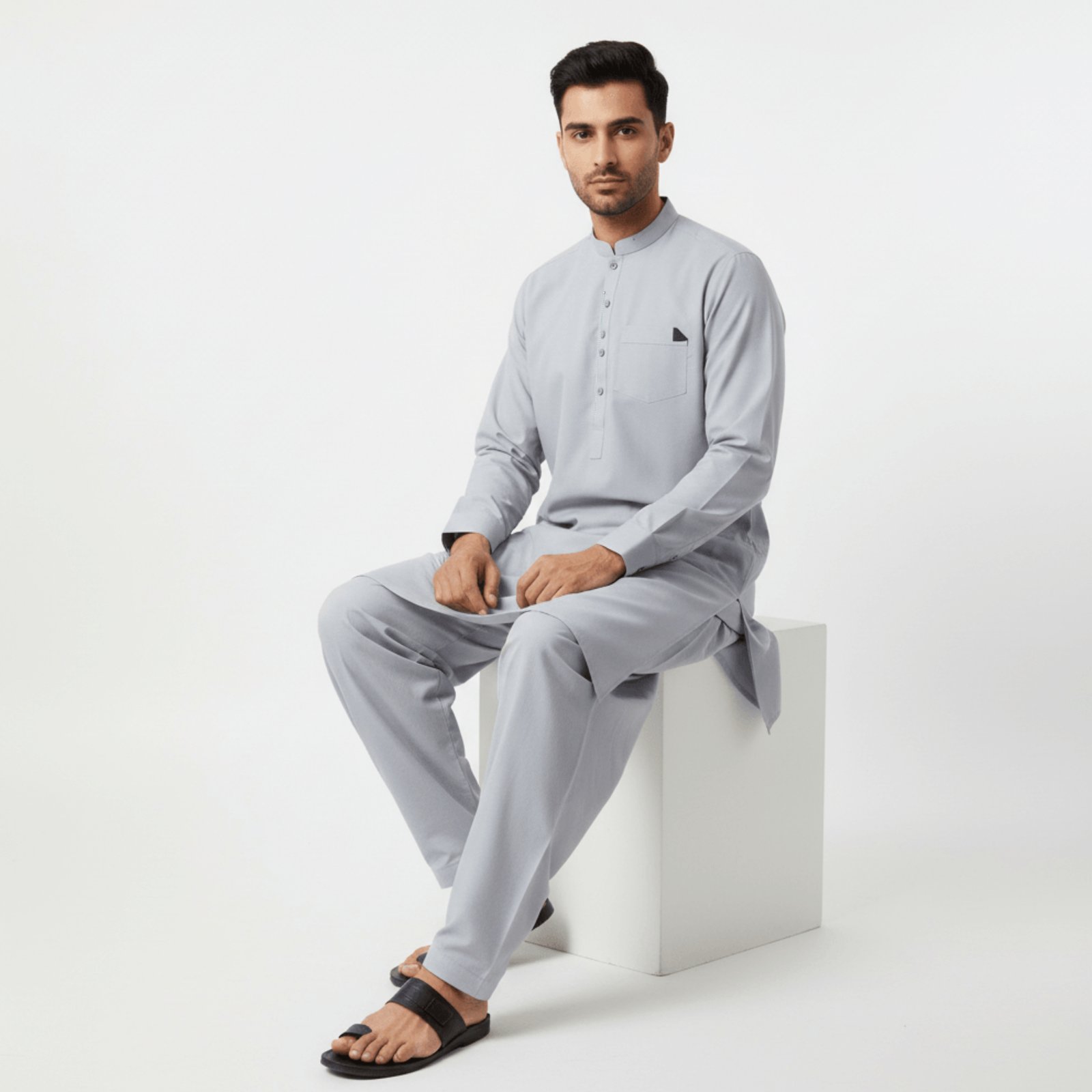 Men's Light Blue-Grey Dotted Band Collar Kurta