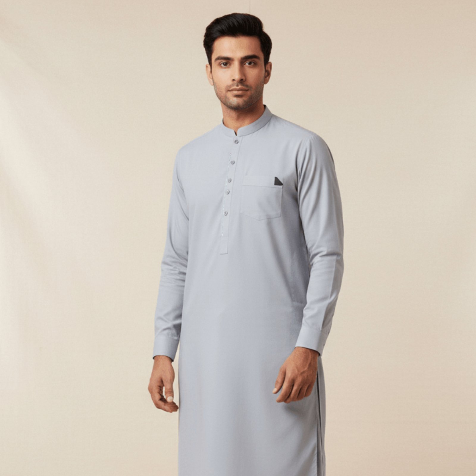 Men's Light Blue-Grey Dotted Band Collar Kurta