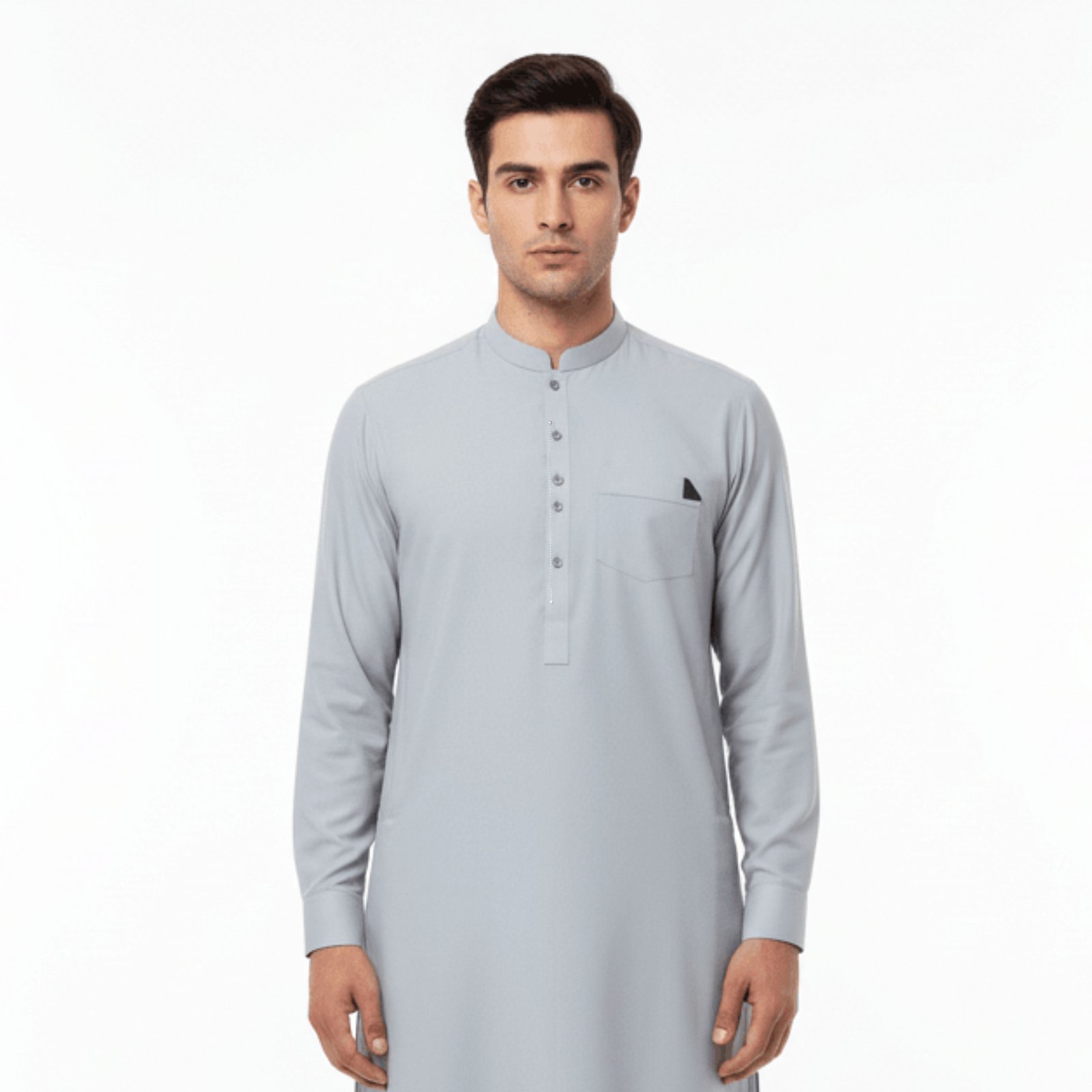 Men's Light Blue-Grey Dotted Band Collar Kurta