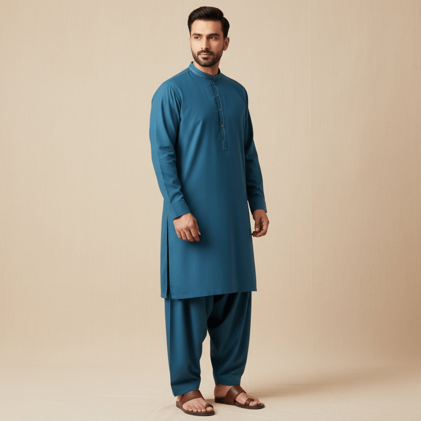 Men's Olive Green Band Collar Kurta with Contrast Trim