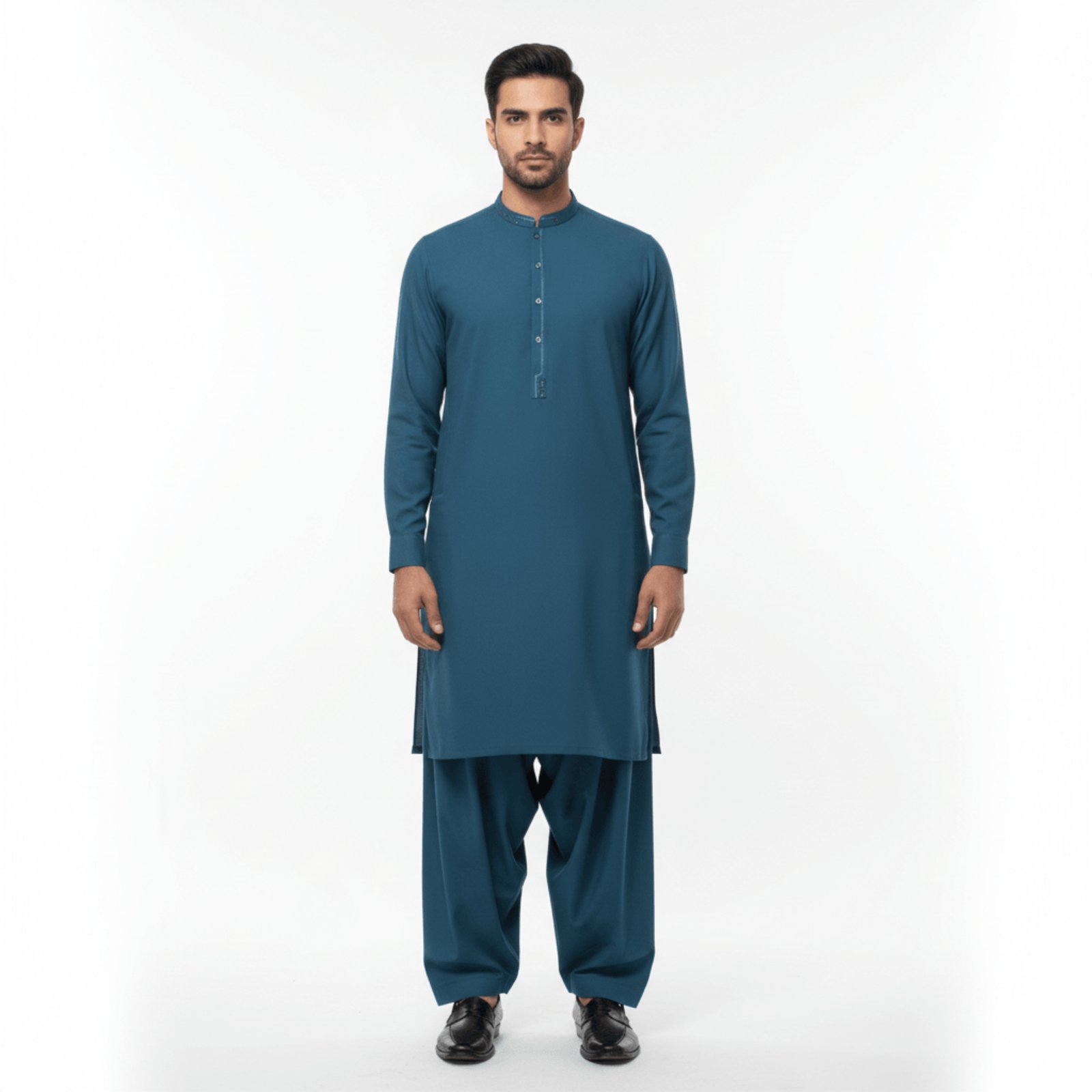 Men's Olive Green Band Collar Kurta with Contrast Trim