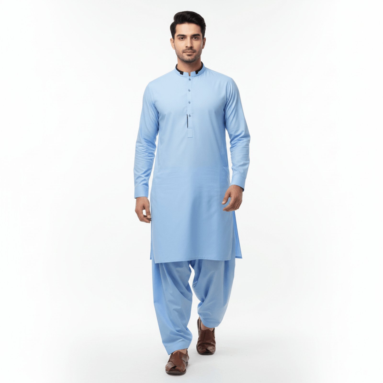 Men's Modern Fit Band Collar Kurta | Sky Blue, White & Black