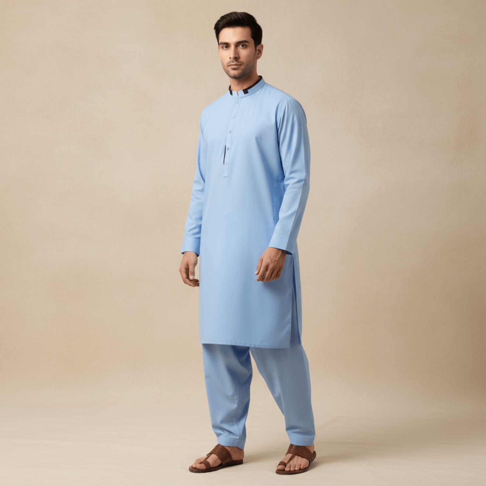 Men's Modern Fit Band Collar Kurta | Sky Blue, White & Black