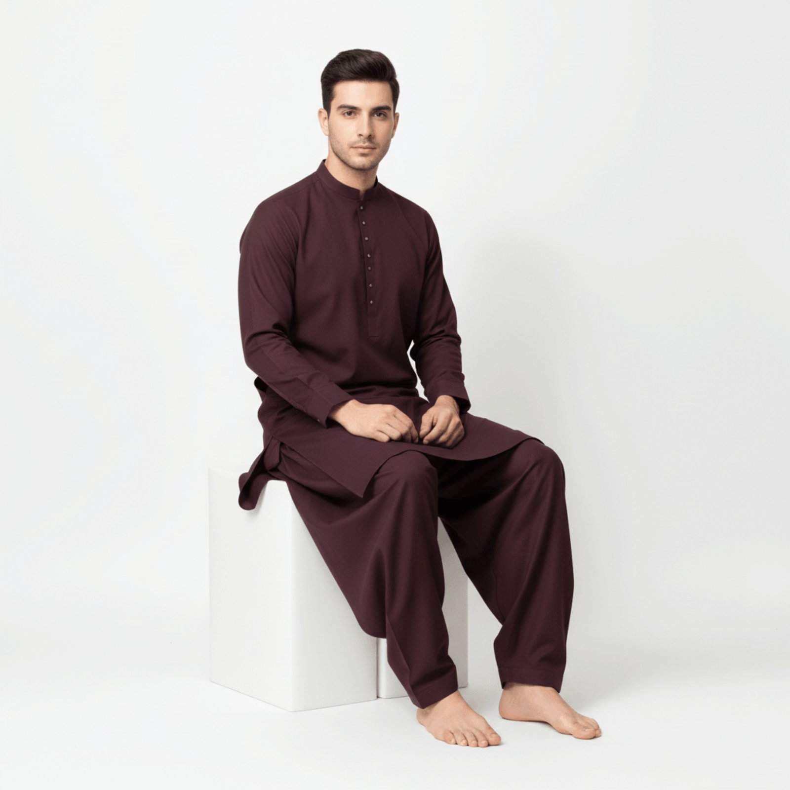 Men's Classic Band Collar Kurta | Deep Plum