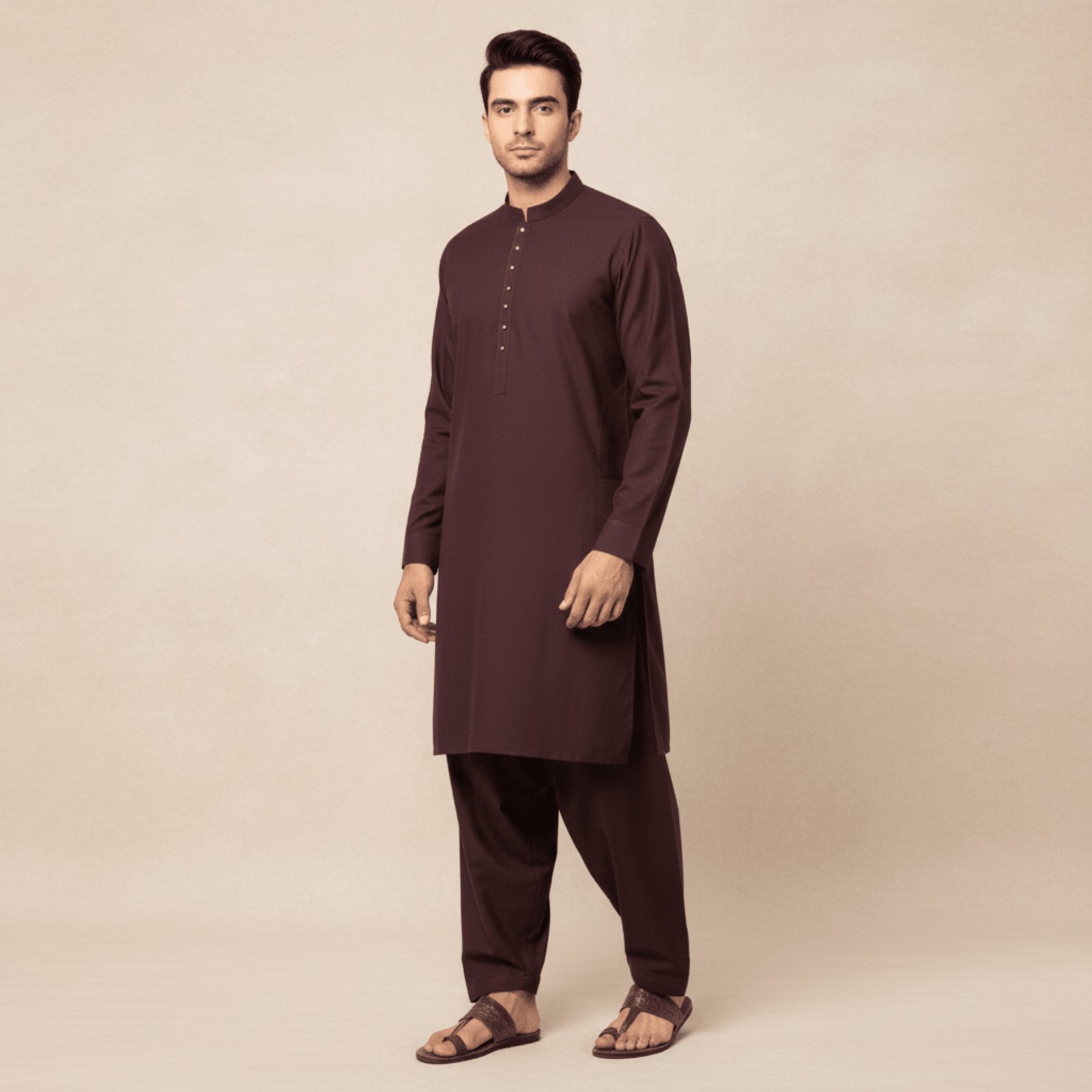 Men's Classic Band Collar Kurta | Deep Plum