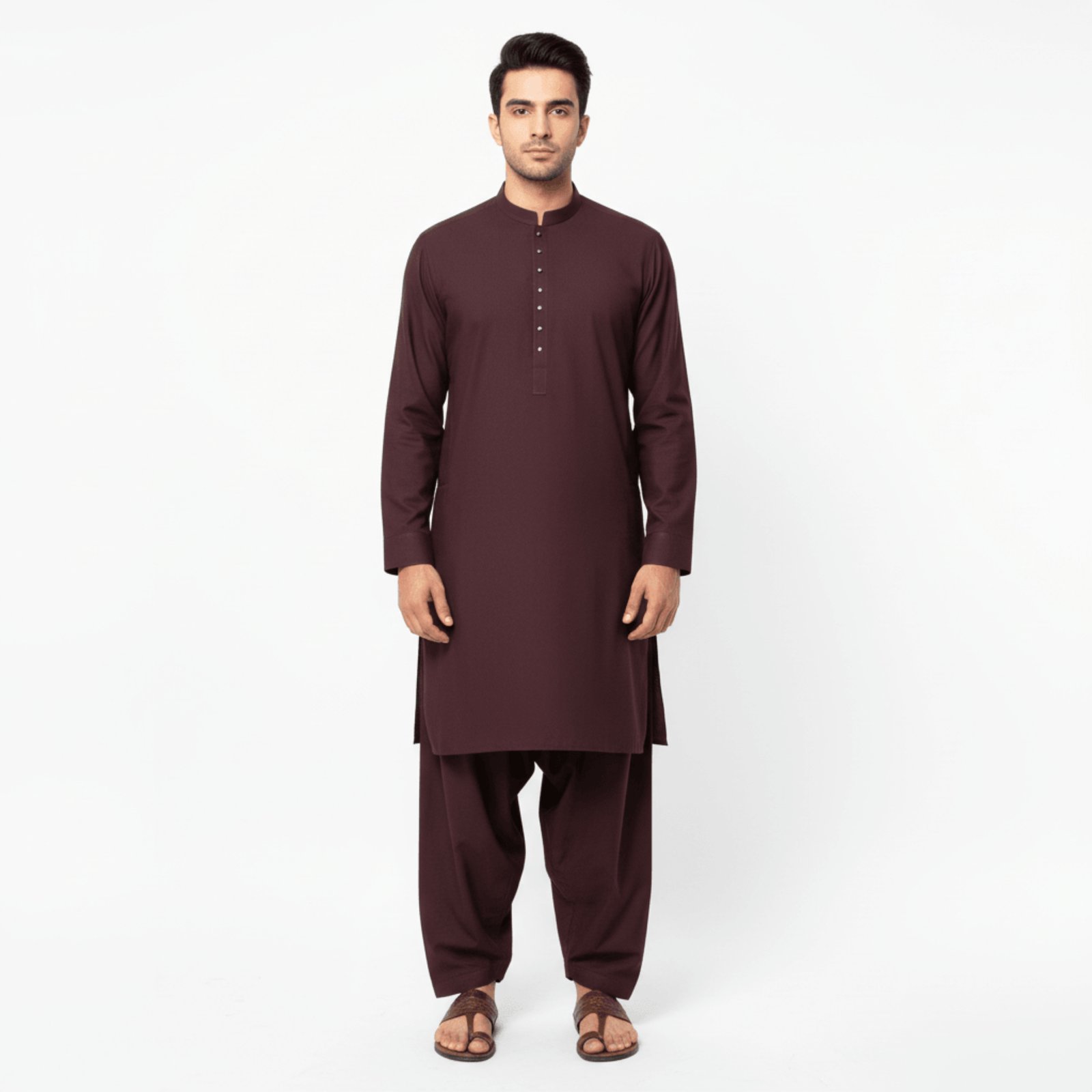 Men's Classic Band Collar Kurta | Deep Plum