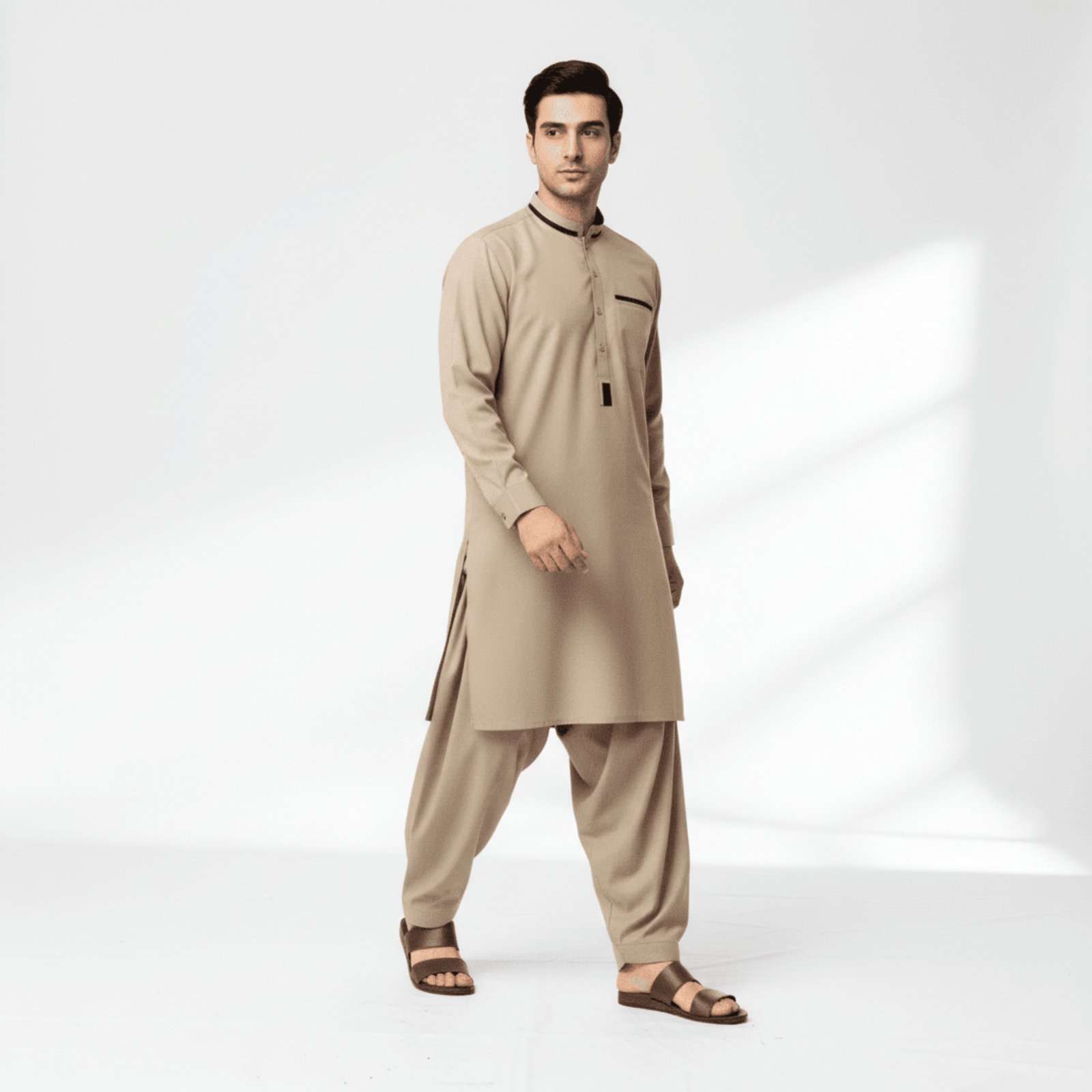 Men's Modern Classic Kurta with Contrast Detailing | Khaki Beige