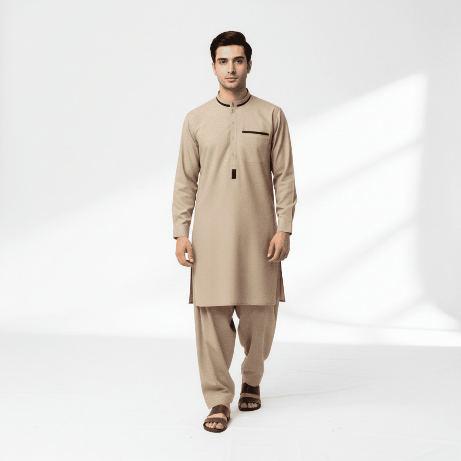 Men's Modern Classic Kurta with Contrast Detailing | Khaki Beige