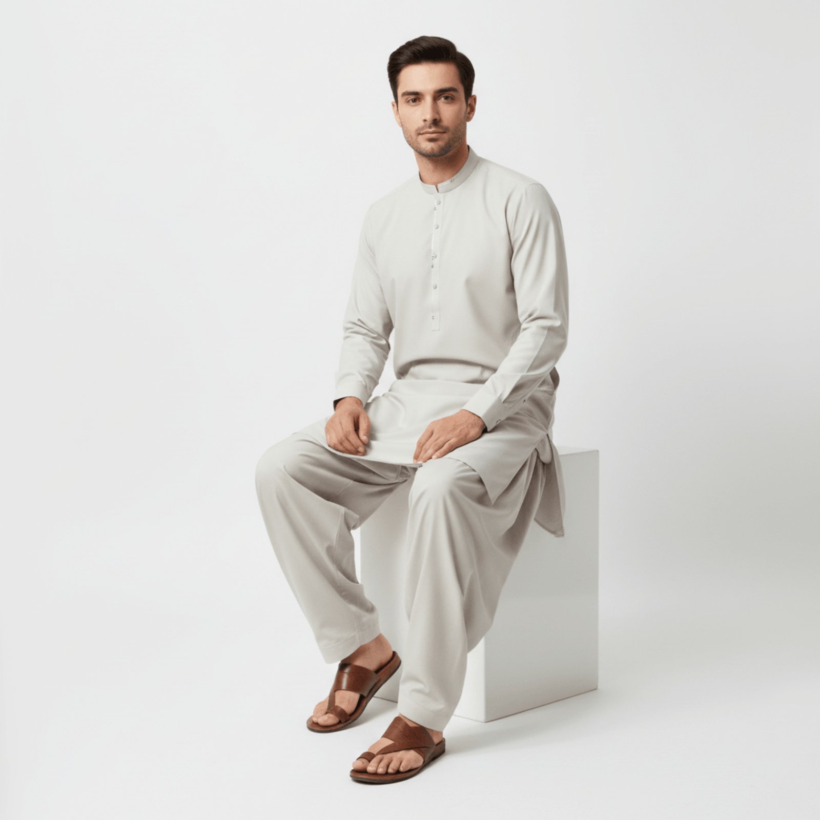 Men's Classic Band Collar Kurta | Light Stone