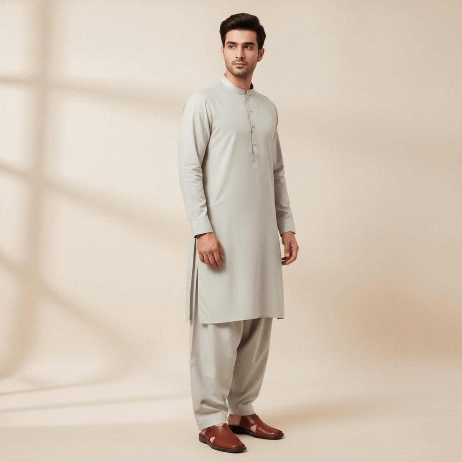 Men's Classic Band Collar Kurta | Light Stone