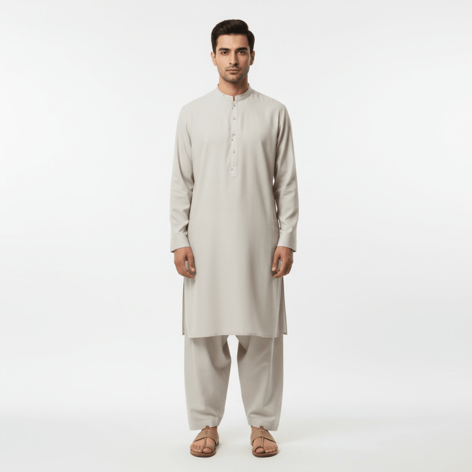 Men's Classic Band Collar Kurta | Light Stone