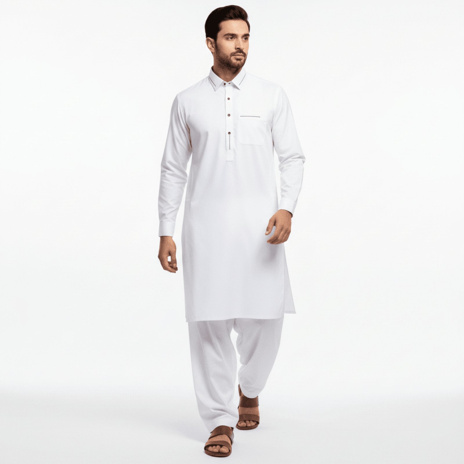Men's Modern White Kurta with Charcoal Contrast Trim