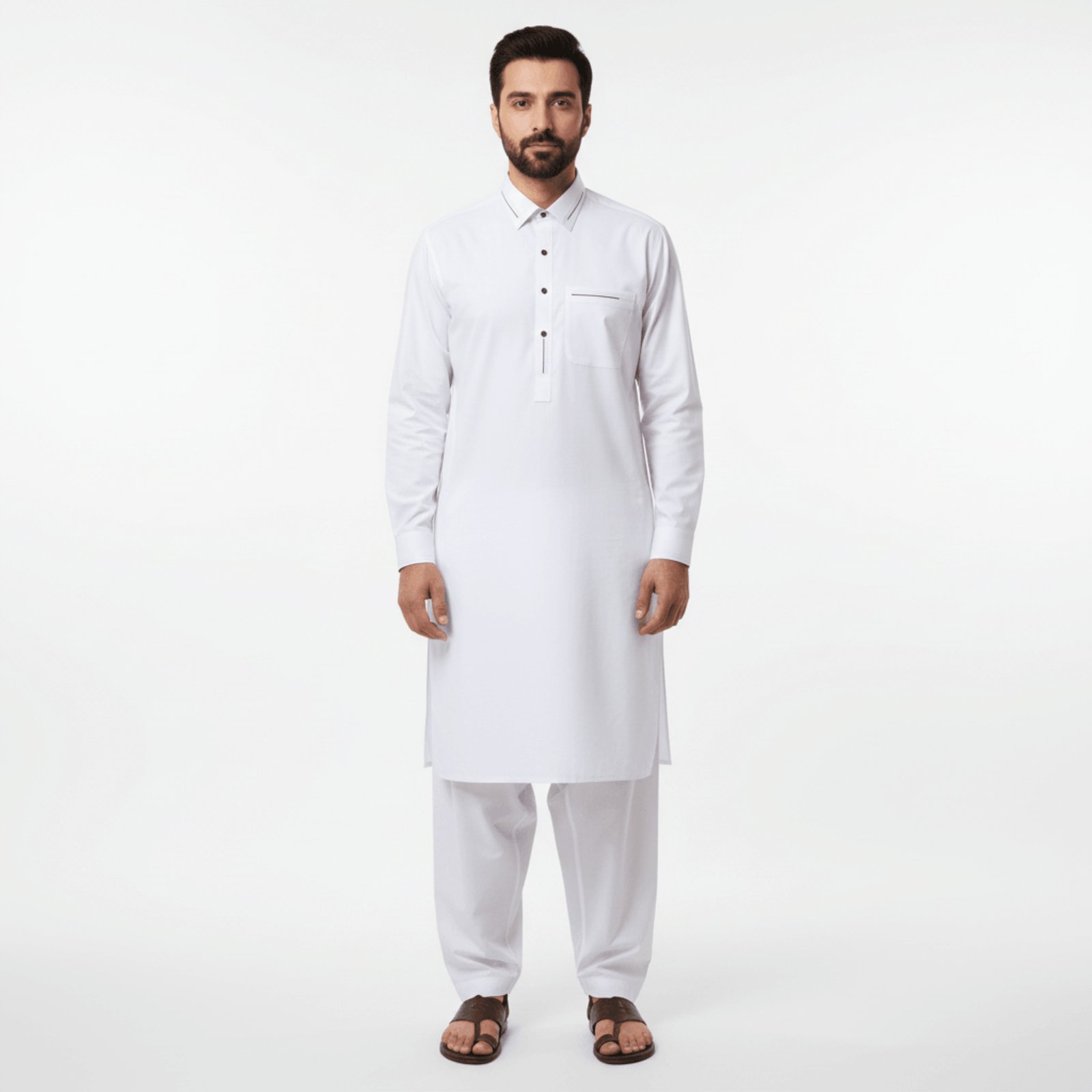 Men's Modern White Kurta with Charcoal Contrast Trim